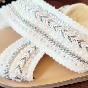 Fergalicious White & Tan Beaded Embellished Crisscross Sandals Sz 5 LNC